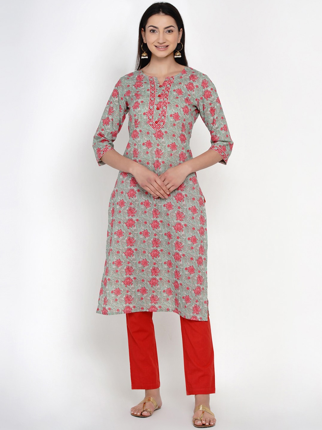 

Yuris Women Green & Pink Printed Straight Kurta
