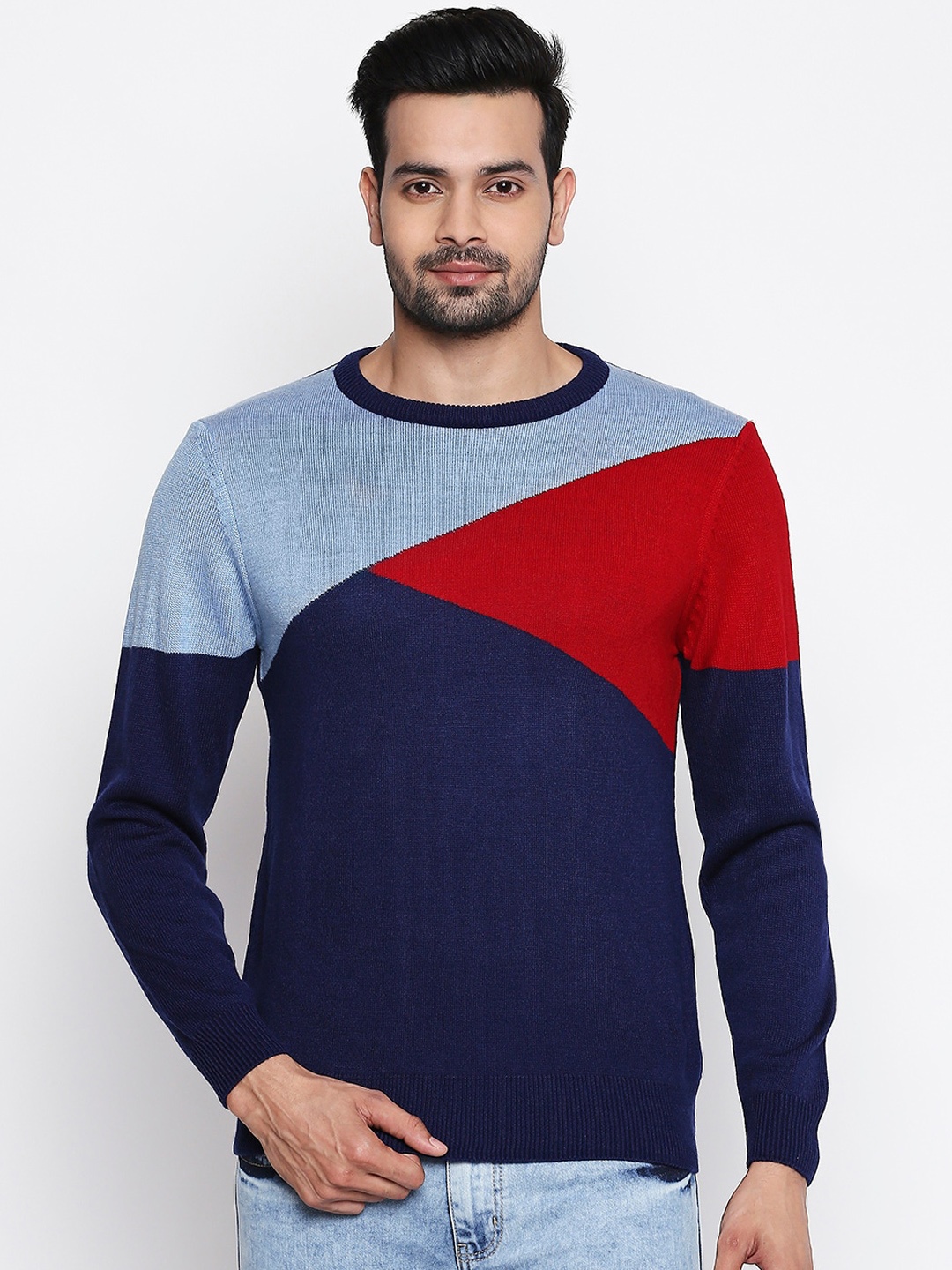 

BYFORD by Pantaloons Men Blue & Red Colourblocked Pullover Sweater