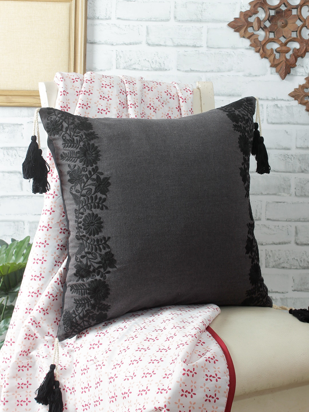 REME Grey & Black Embroidered Square Organic Cotton Cushion Covers