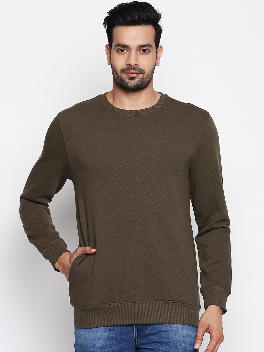 

BYFORD by Pantaloons Men Olive Brown Solid Sweatshirt