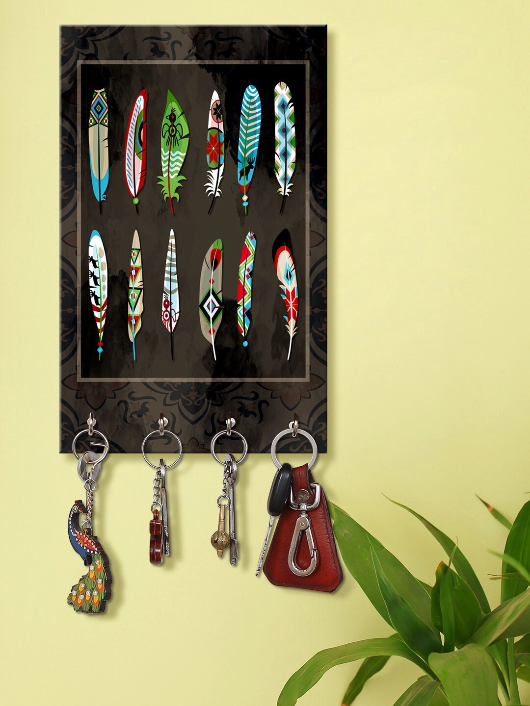 

999Store Black & Blue Feather Printed Wooden Keyholder