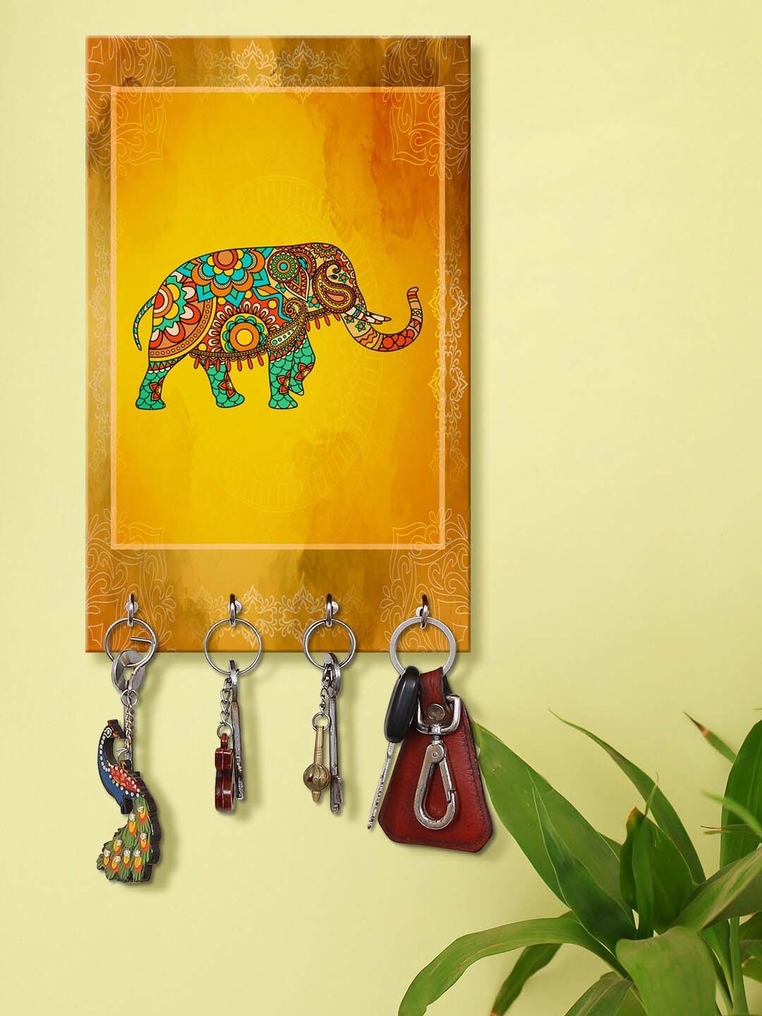 

999Store Yellow & Orange Decorative Elephant Wall Mount Wooden Keyholder