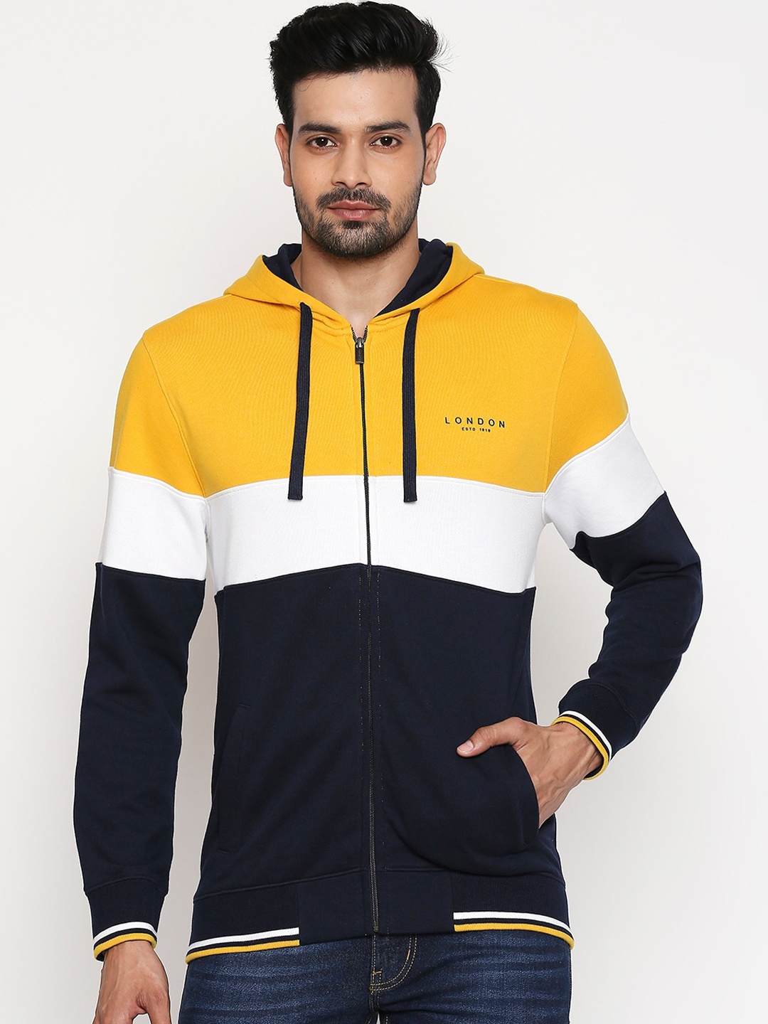 

BYFORD by Pantaloons Men Yellow & Navy Blue Colourblocked Cotton Hooded Sweatshirt