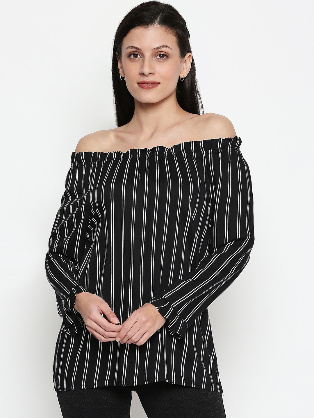 

Honey by Pantaloons Women Black Striped Bardot Top