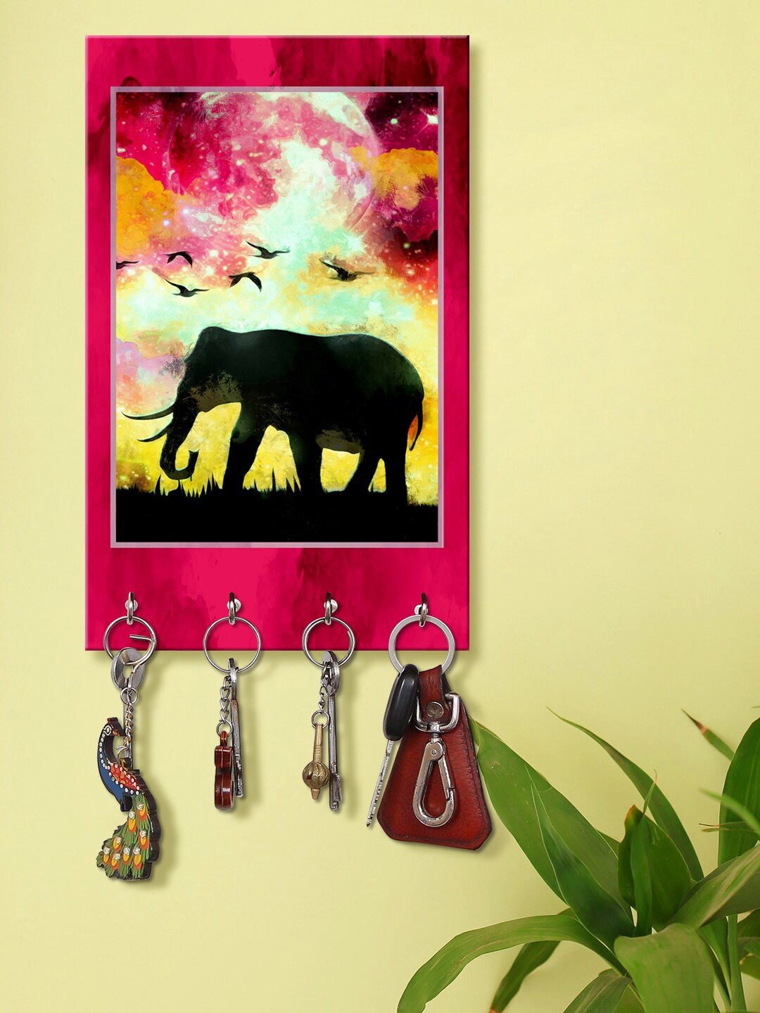 

999Store Pink & Black Dark Moon Elephant Printed Wall Hanging Key Holder