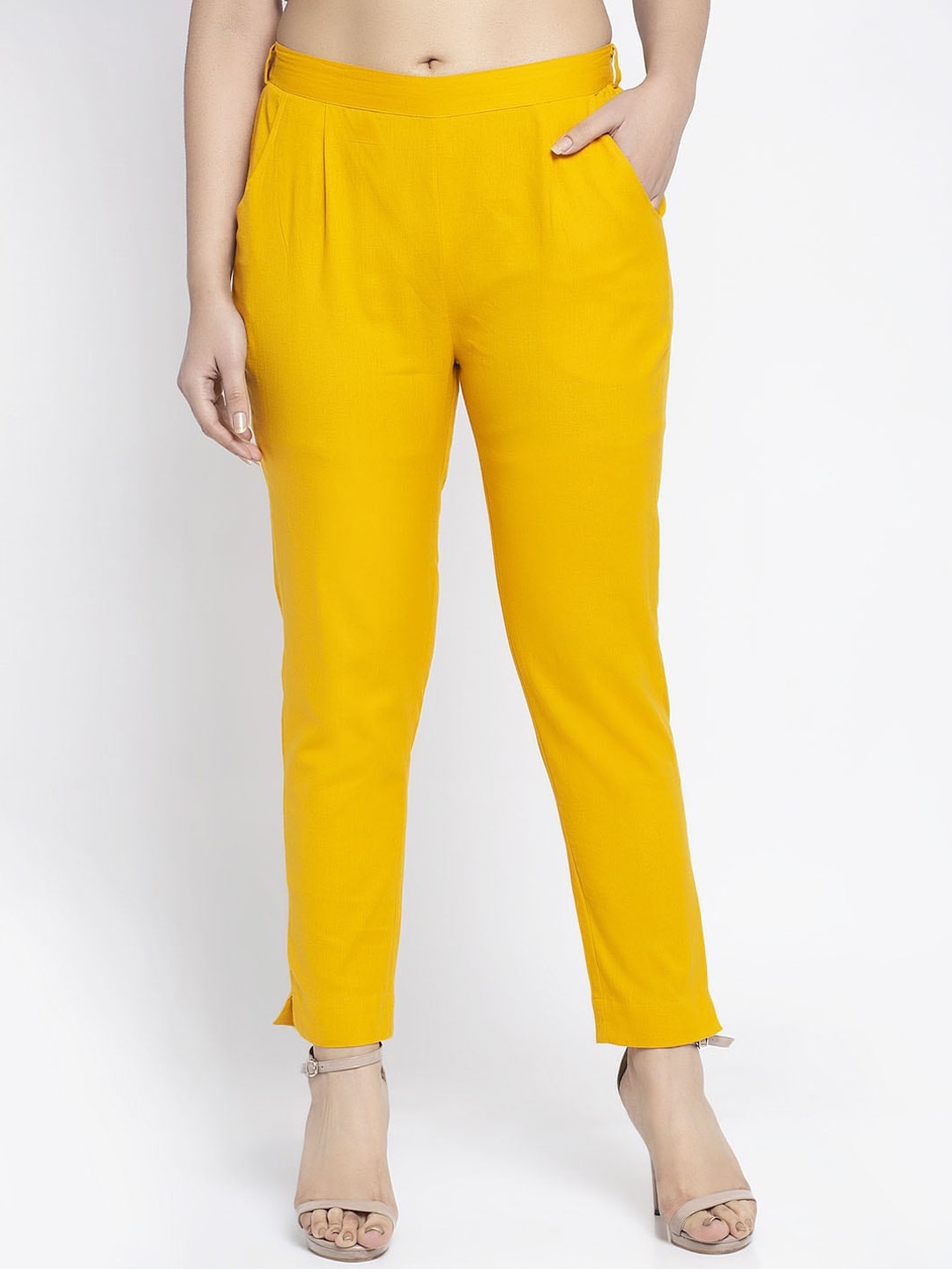 

Aujjessa Women Mustard Regular Fit Solid Cigarette Trousers