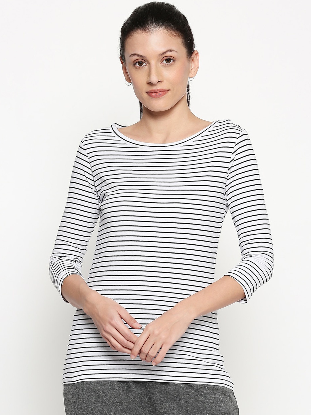 

Dreamz by Pantaloons Women White Striped Pure Cotton Lounge tshirt