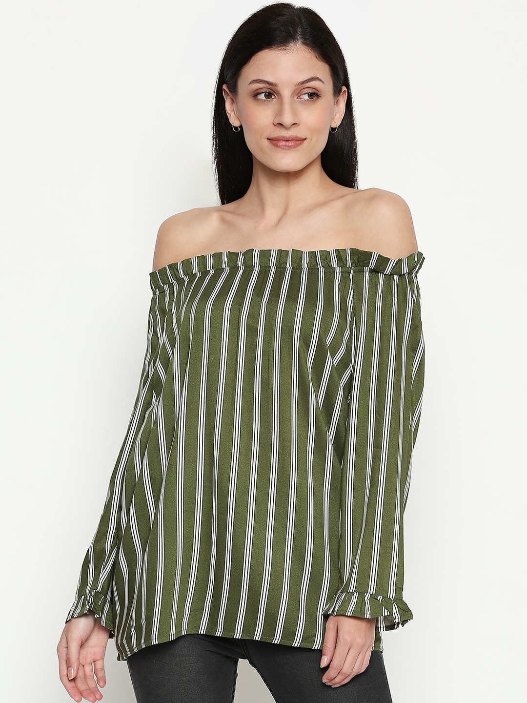 

Honey by Pantaloons Women Olive Green Striped Bardot Top