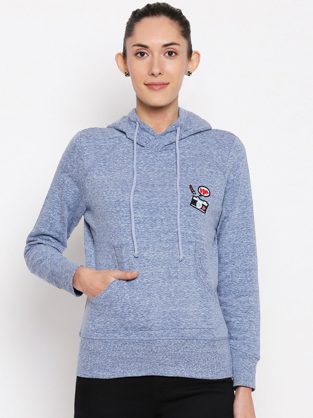 

People Women Blue Solid Hooded Sweatshirt