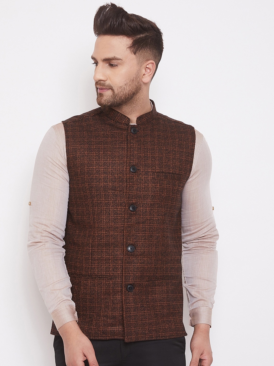 

even Men Brown Checked Nehru Jacket