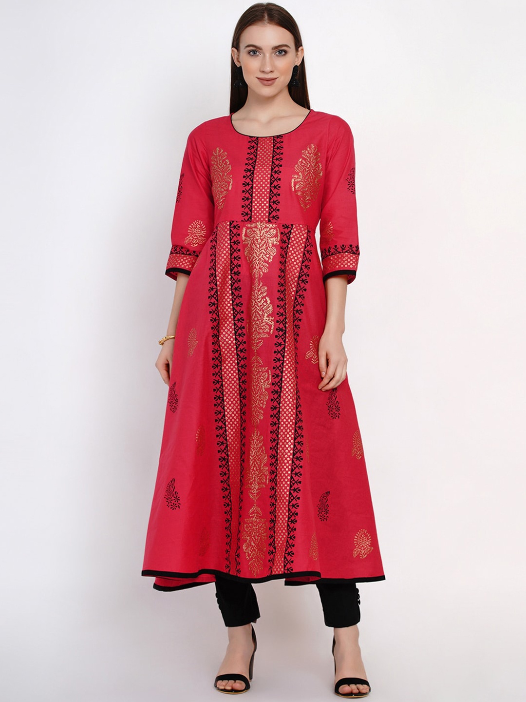 

Akshatani Women Rose Red Handblock Printed Anarkali Kurta