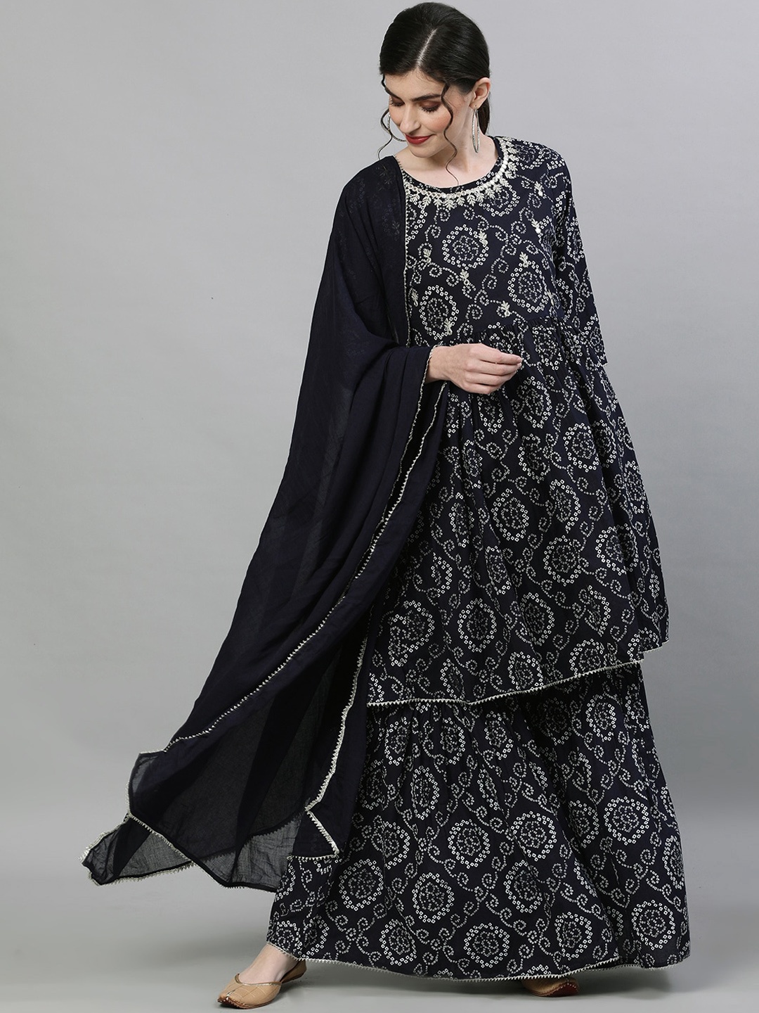 

Ishin Women Navy Blue & White Printed Kurta with Sharara & Dupatta