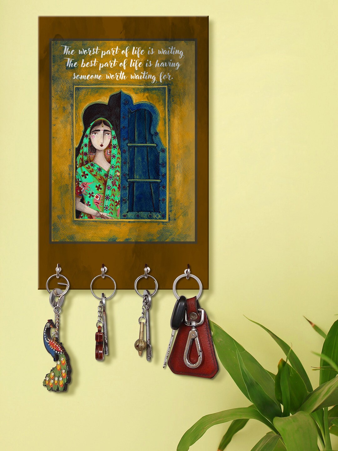

999Store Brown & Green The Worst Part Of Life is Waiting Pattern Wooden Keyholder