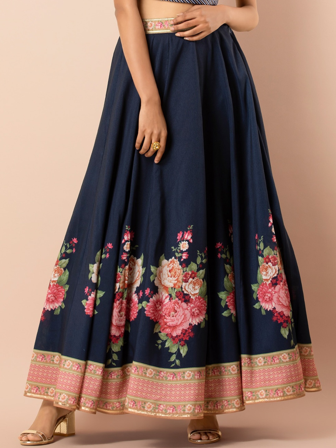 

INDYA Blue & Pink Floral Printed Flared Gota Kali Maxi Skirt