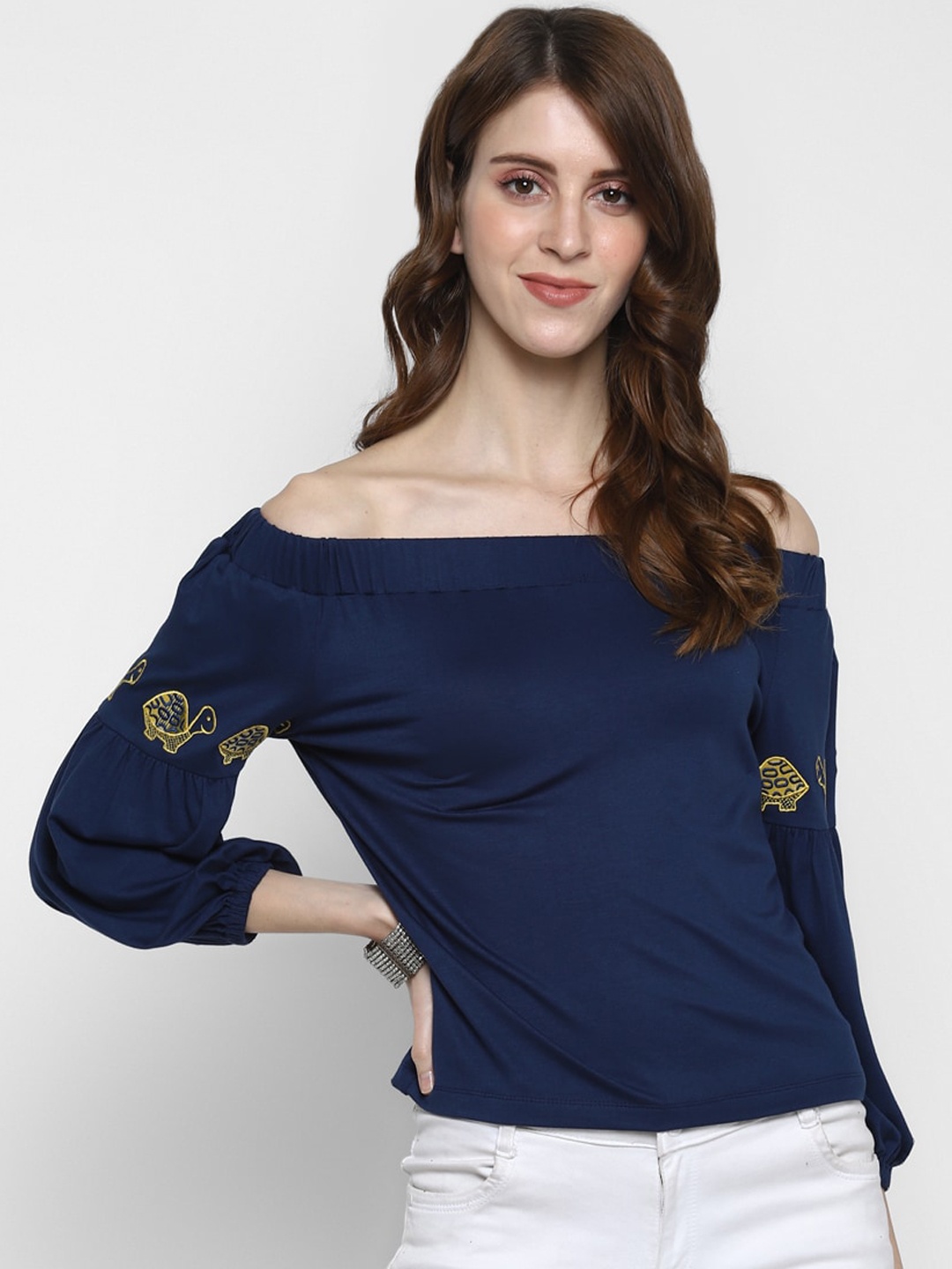 

Taurus Women Navy Blue Solid Bardot Top