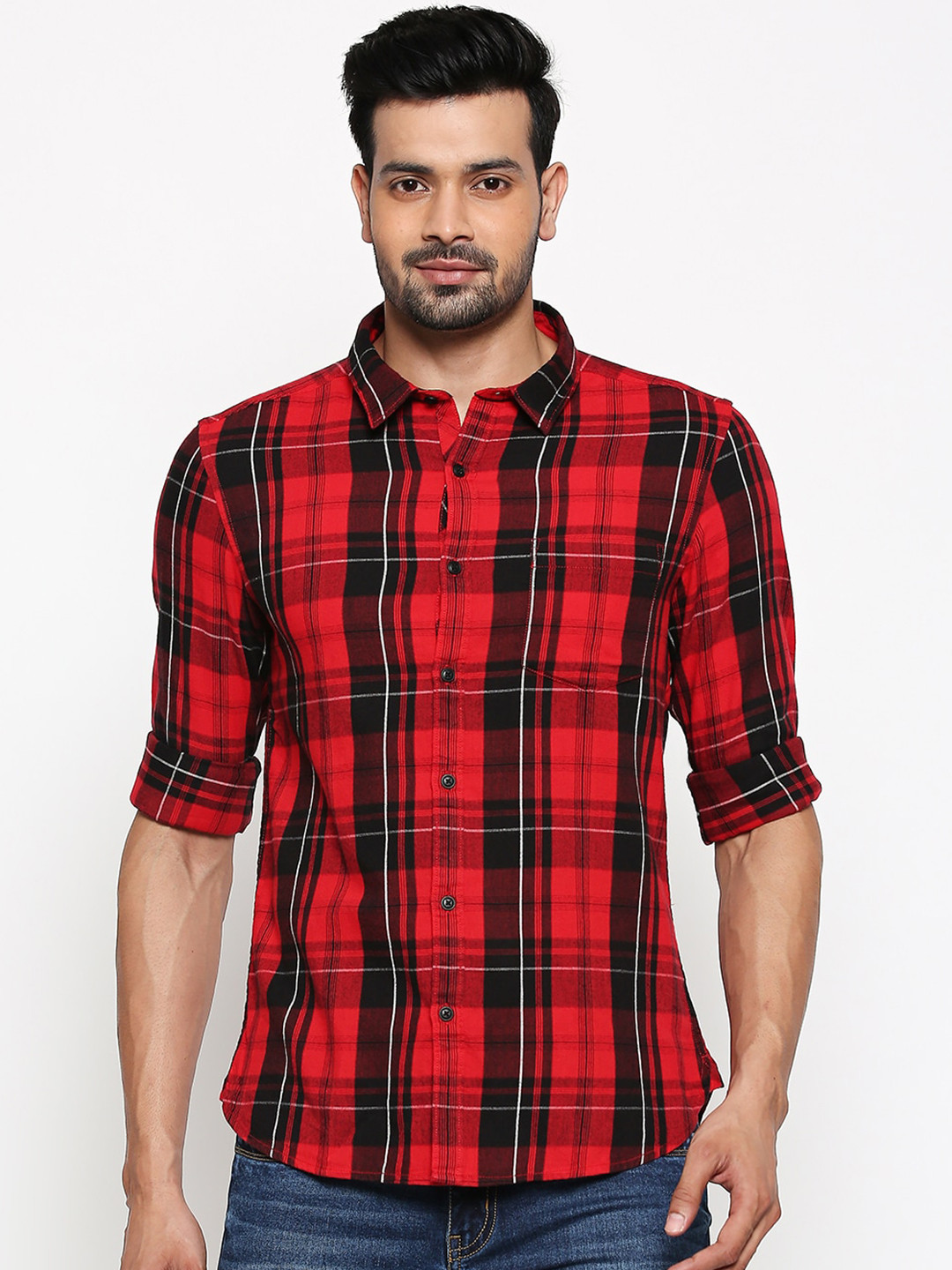 

People Men Red & Black Slim Fit Checked Casual Shirt