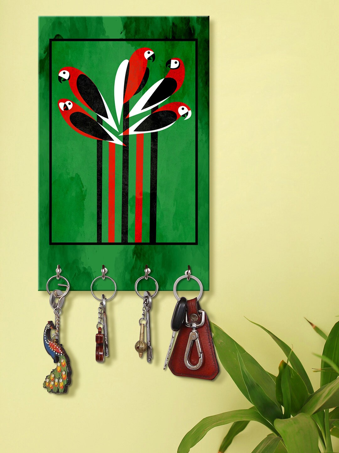 

999Store Green & Red Parrots Wall Mount Wooden Keyholder