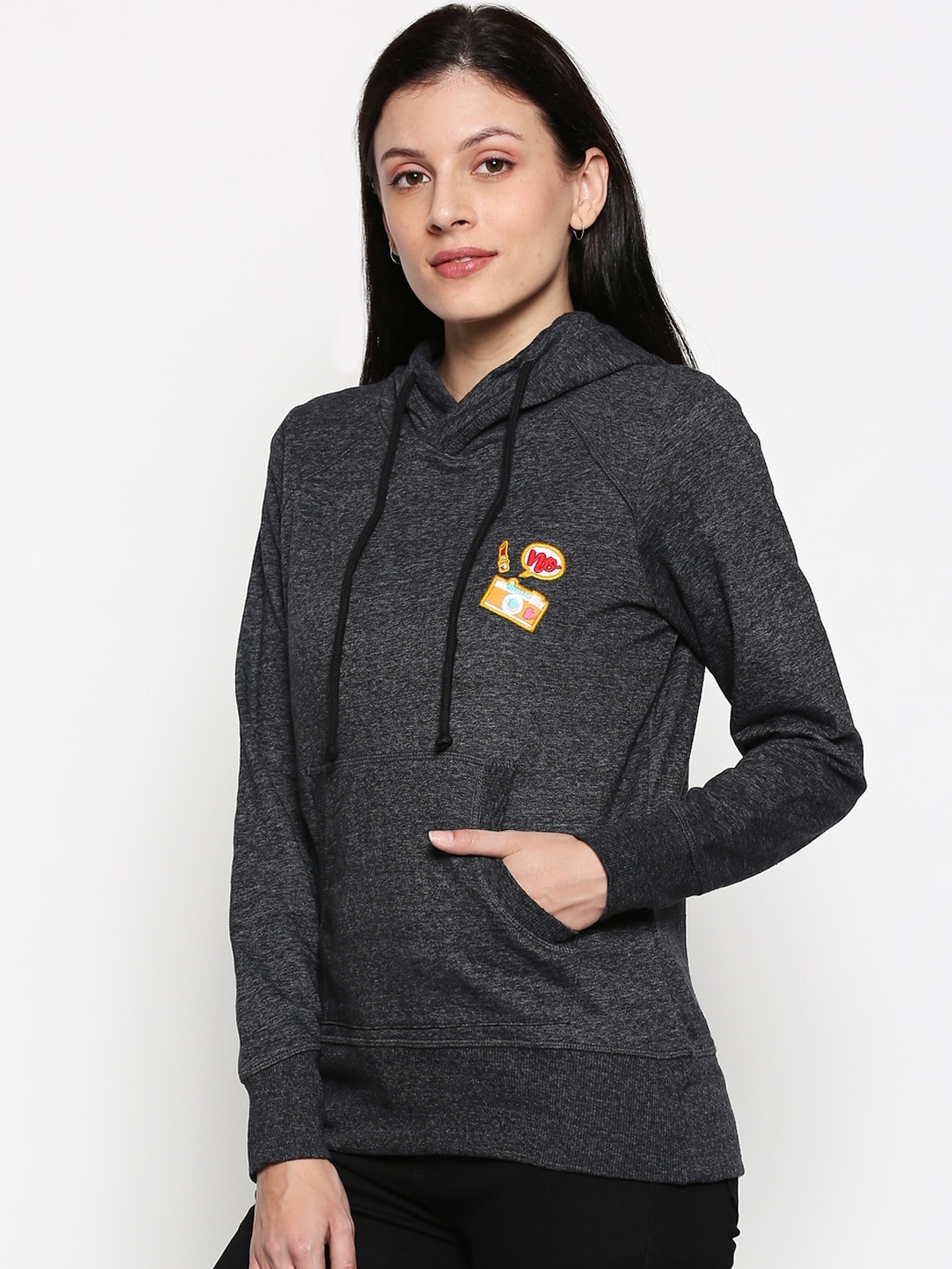

People Women Charcoal Grey Solid Hooded Sweatshirt