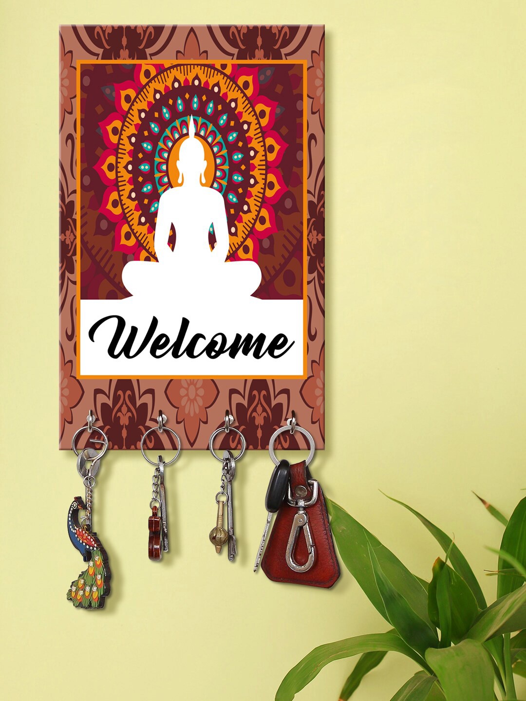 

999Store Brown & White Decorative Bhuddha Welcome Wooden Keyholder