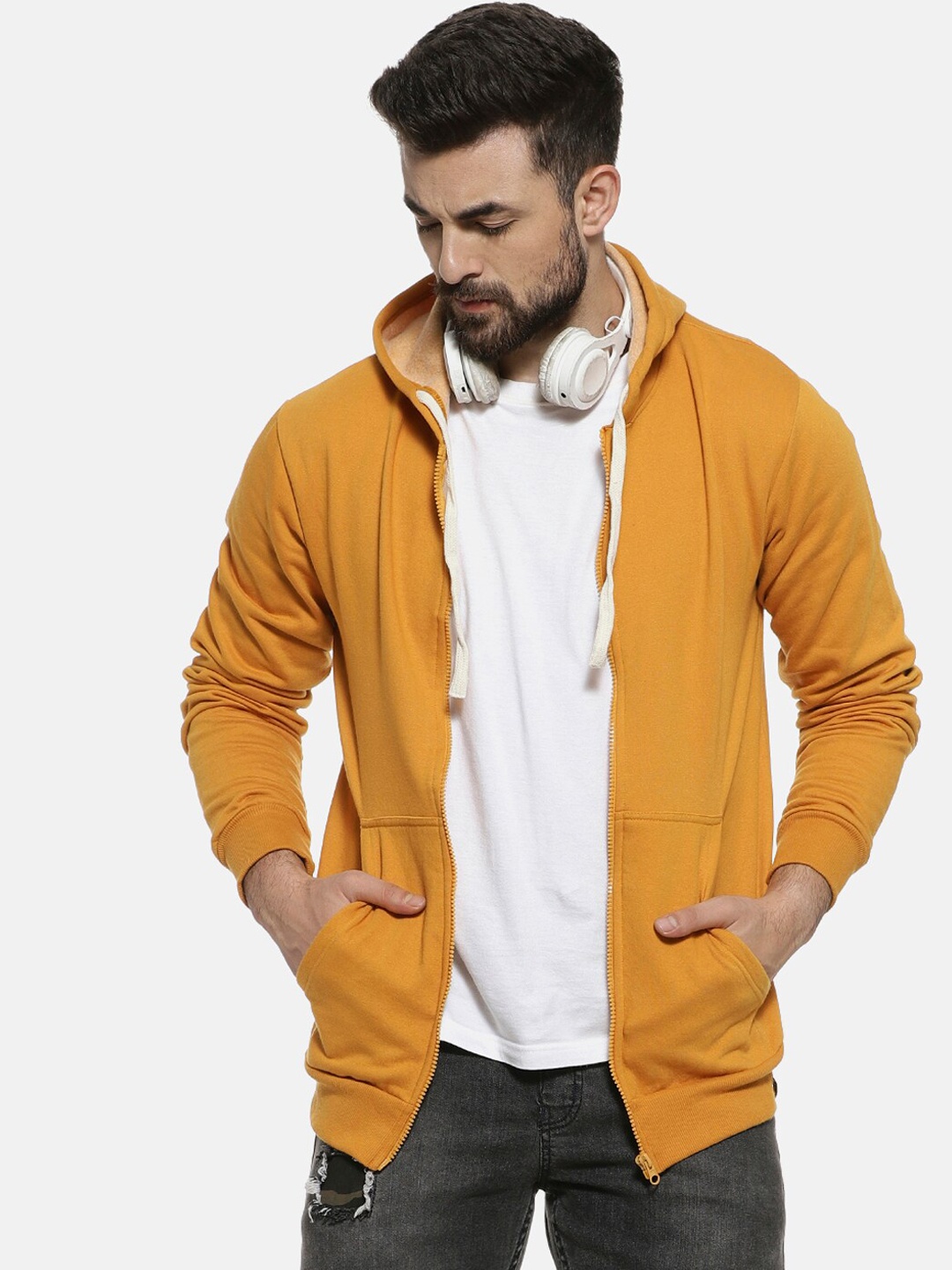 

Campus Sutra Men Mustard Yellow Solid Hooded Sweatshirt