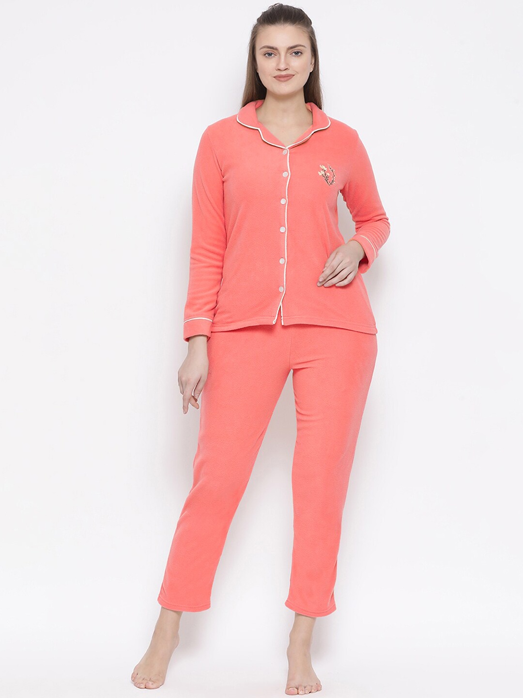 

Kanvin Women Orange Solid Polar Fleece Night Suit
