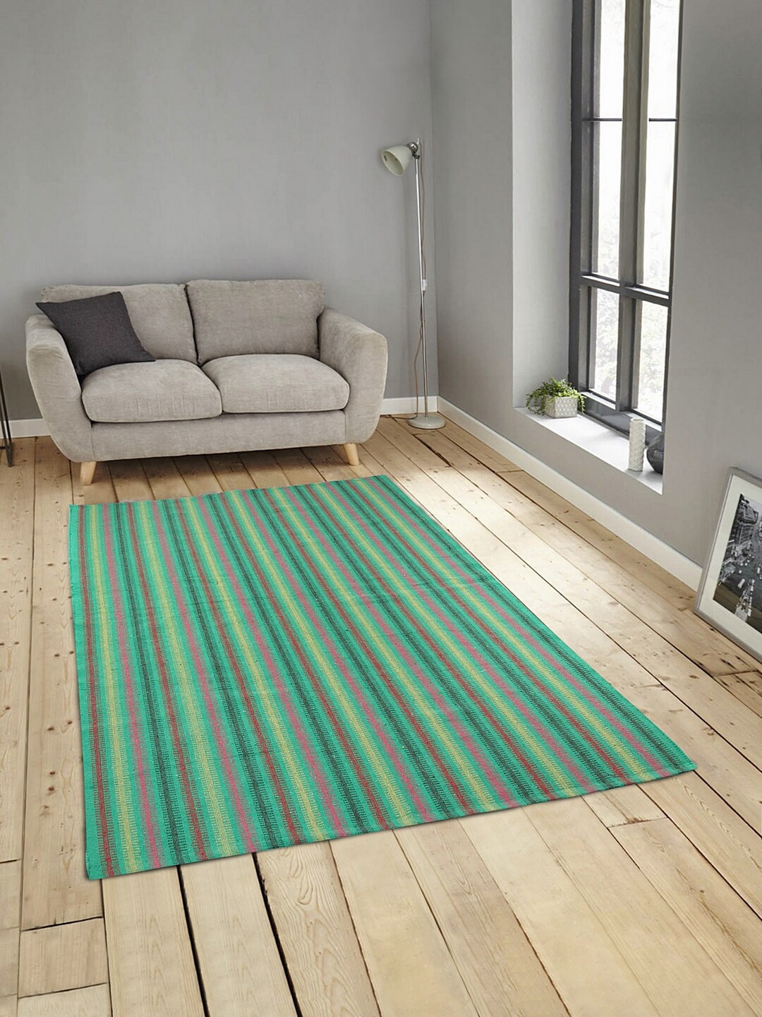 KLOTTHE Green & Yellow Striped Anti-Skid Dhurrie