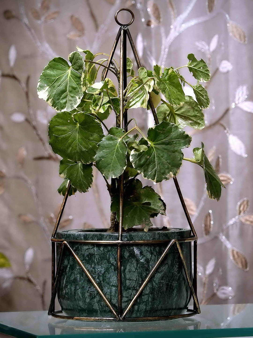 

POSH-N-PLUSH Green & Brown Marble With Brass Antique Metal Filigree Planter