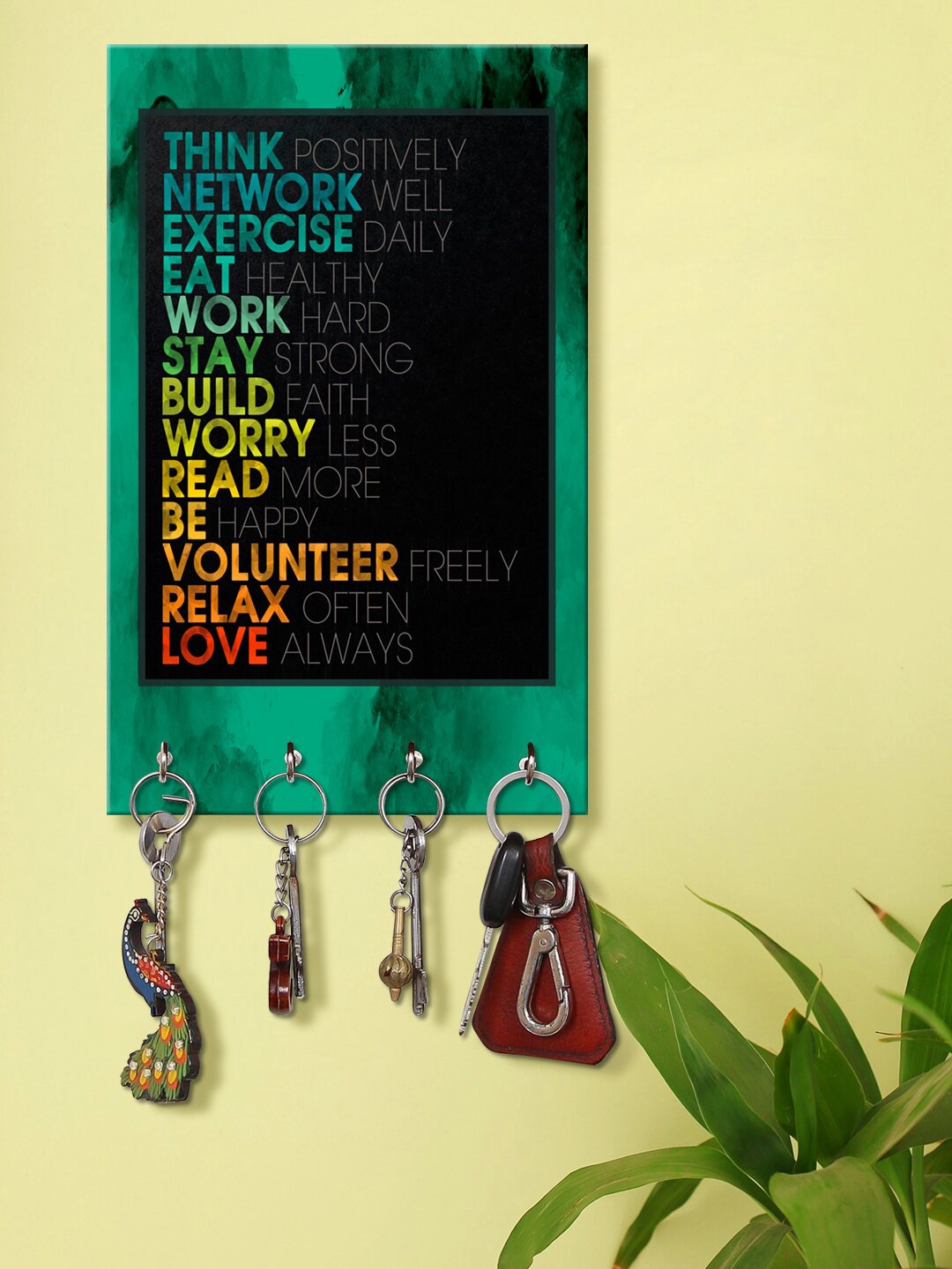 

999Store Green & Black Quotes Printed Key Holder With 4 Hooks