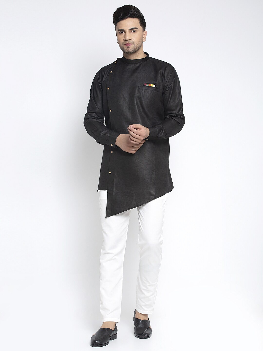 

Benstoke Men Black & White Solid Angrakha Kurta with Trousers