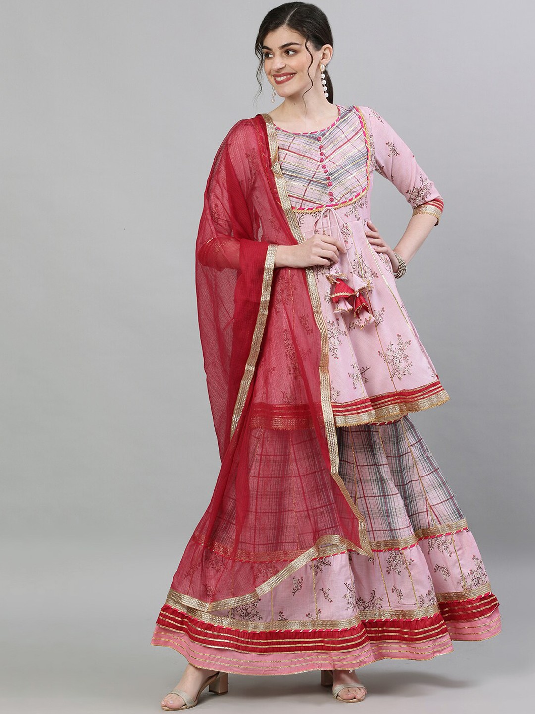 

Ishin Women Pink & Red Printed Kurta with Sharara & Dupatta