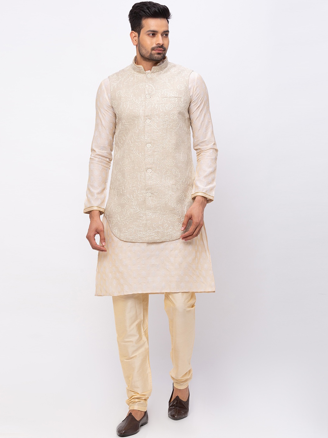 

Ethnicity Men Beige Embroidered Linen Nehru Jacket