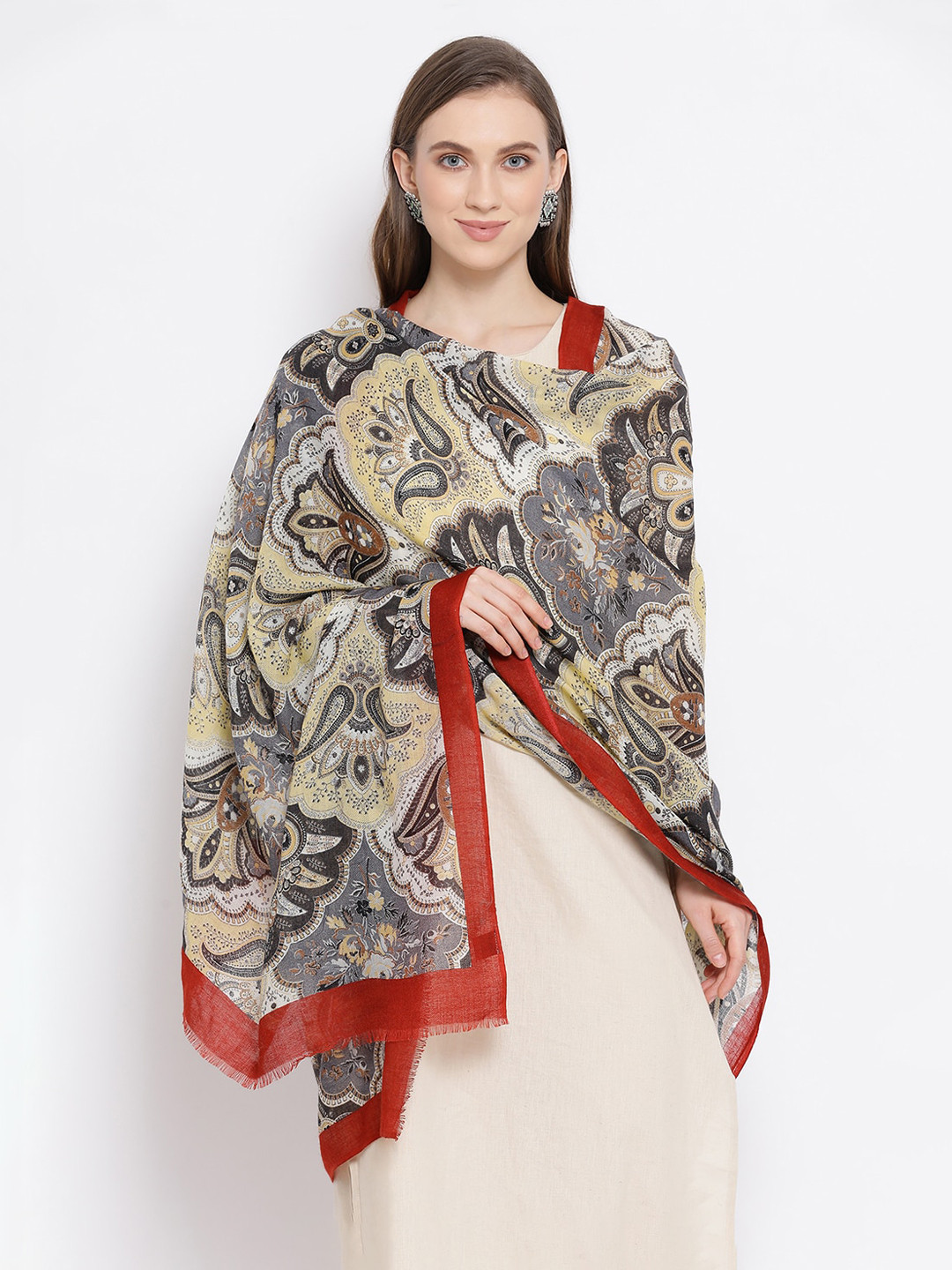 

SHINGORA Women Grey & Beige Ethnic Motifs Printed Woolen Shawl