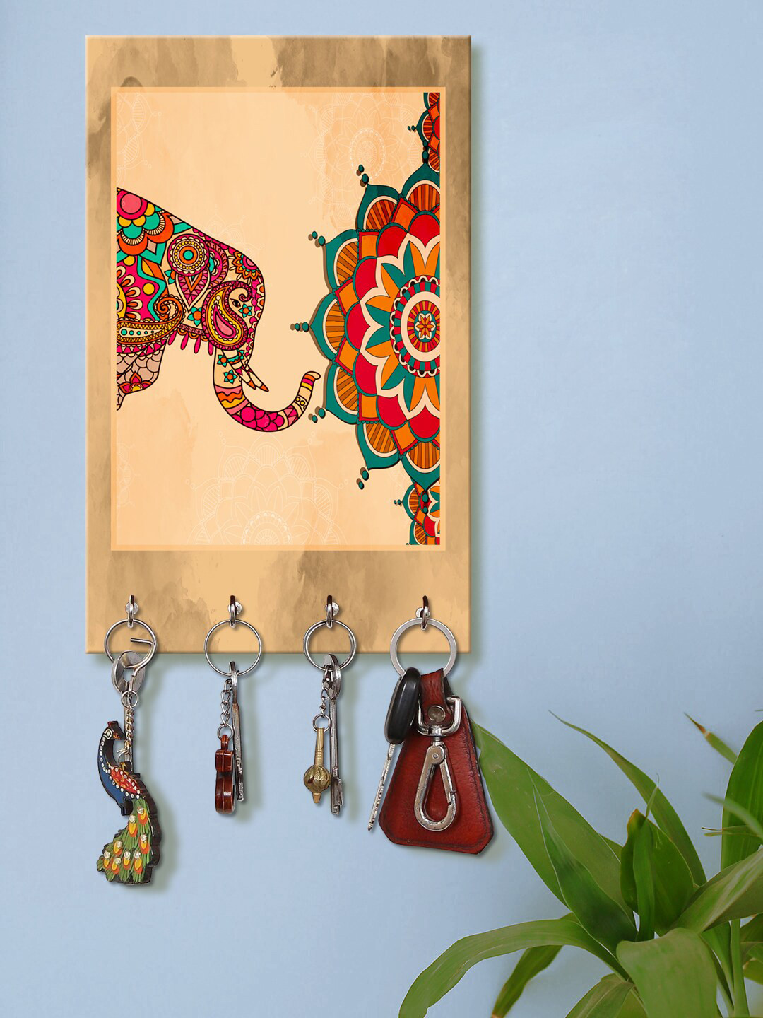 

999Store Beige & Red Decorative Elephant Wall Mount Wooden Keyholder