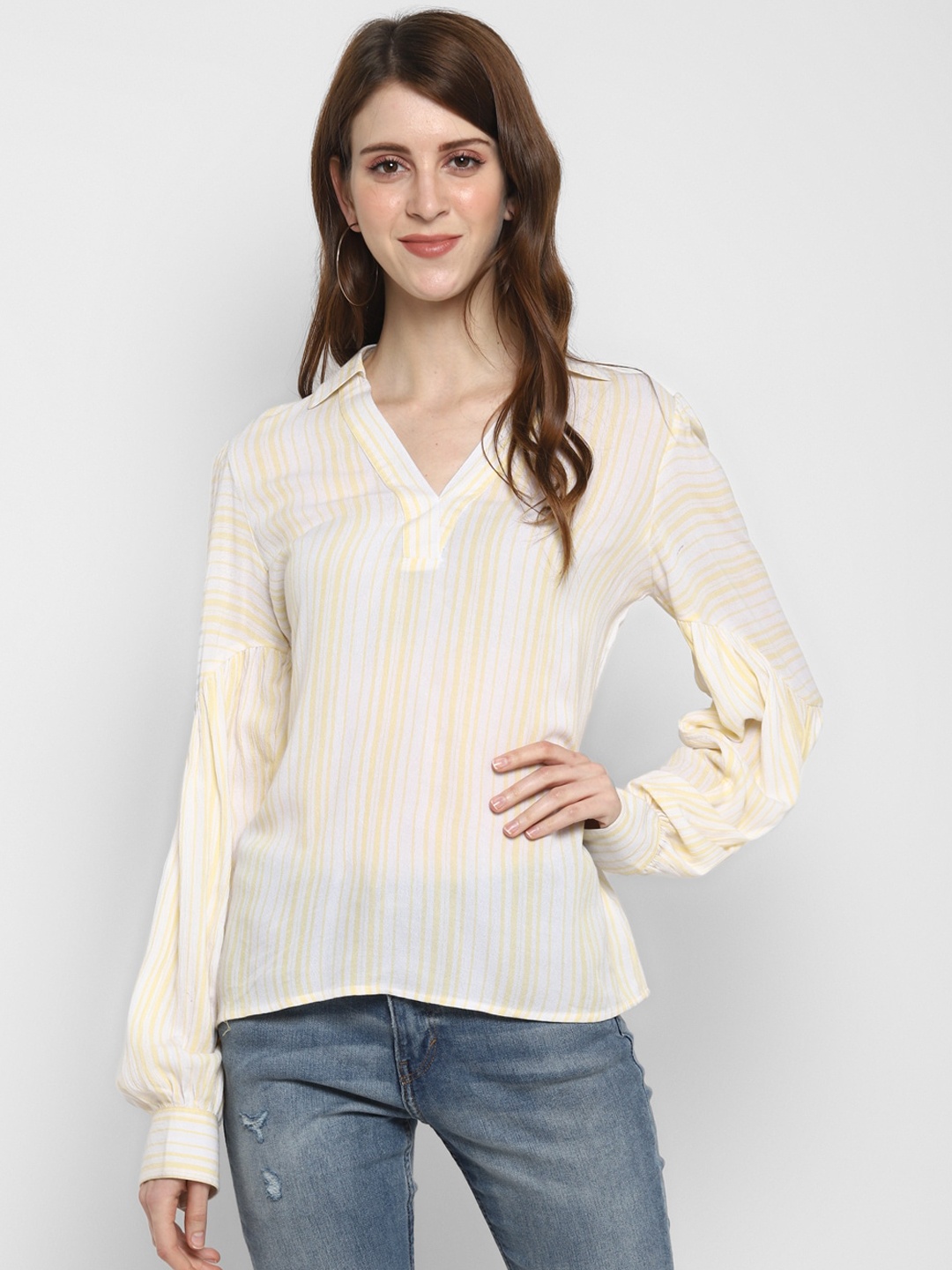 Taurus Women Yellow & White Striped Top