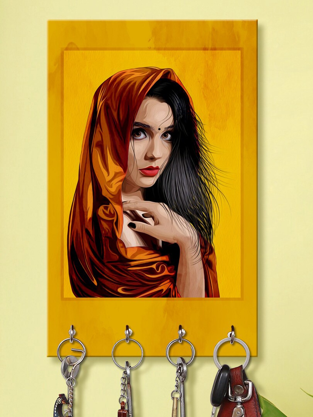 

999Store Yellow & Black Woman Face Printed Wall Hanging Key Holder