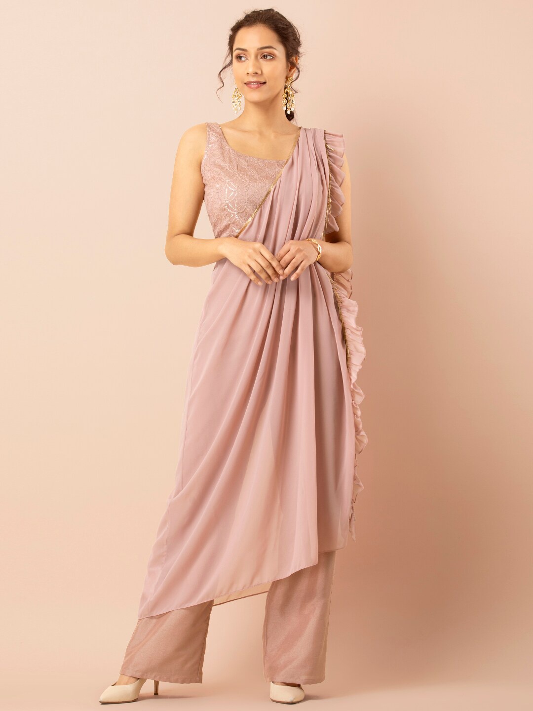 

INDYA Women Pink Straight Fit Embroidered Pants With Frill Drape