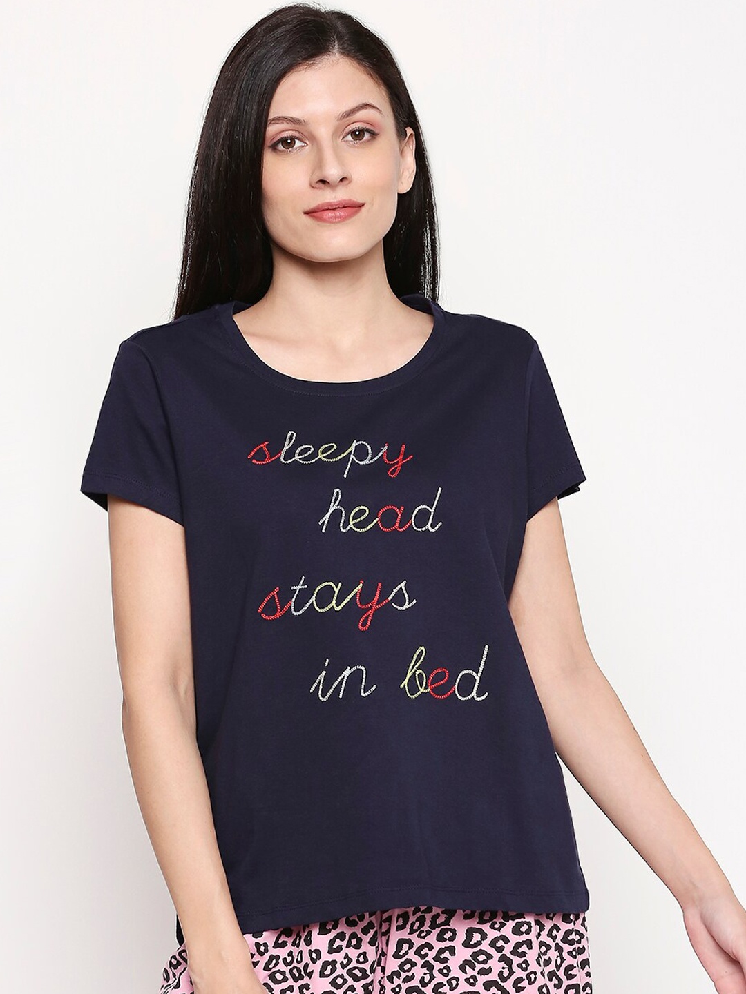 

Dreamz by Pantaloons Women Navy Blue Printed Pure Cotton Lounge tshirt