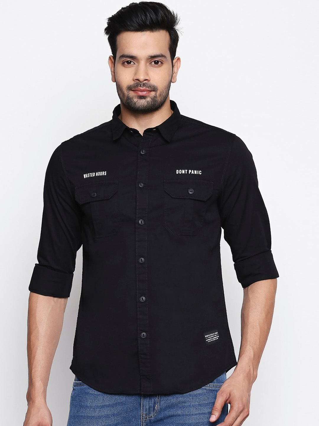 

People Men Black Slim Fit Solid Casual Cotton Shirt