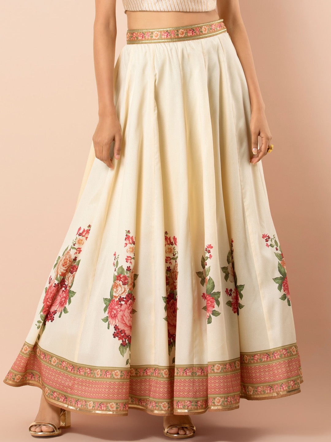 

INDYA Women White & Pink Floral Printed Flared Gota Kali Maxi Skirt