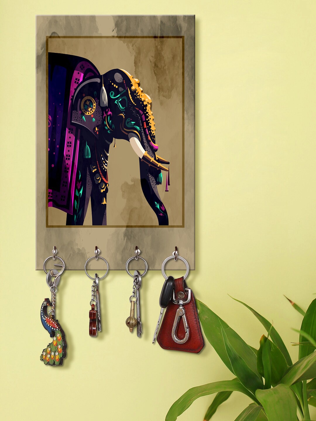 

999Store Blue & Brown Decorative Elephant Printed Key Holder With 4 Hooks