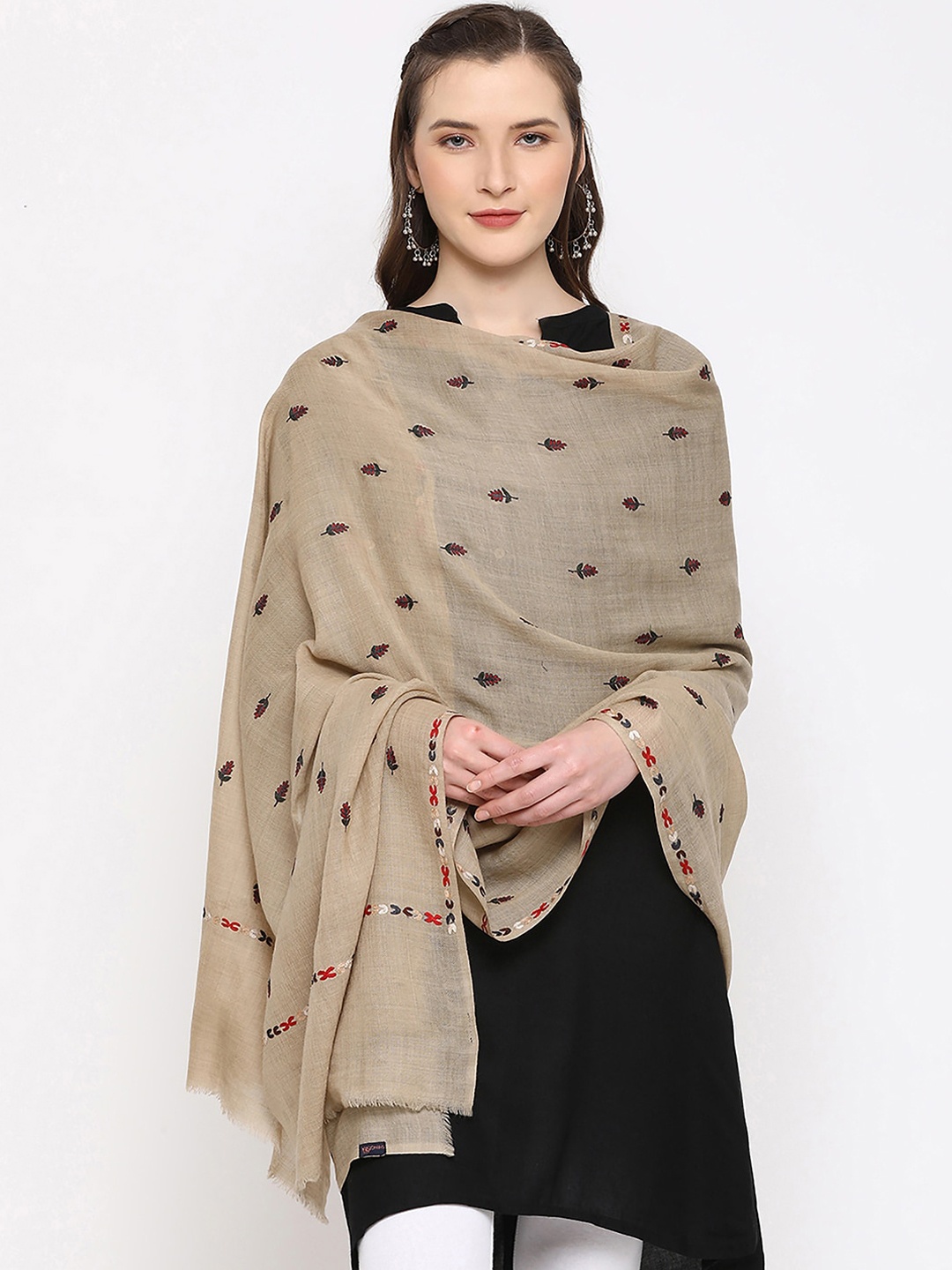 

SHINGORA Women Beige & Black Embroidered Woolen Shawl
