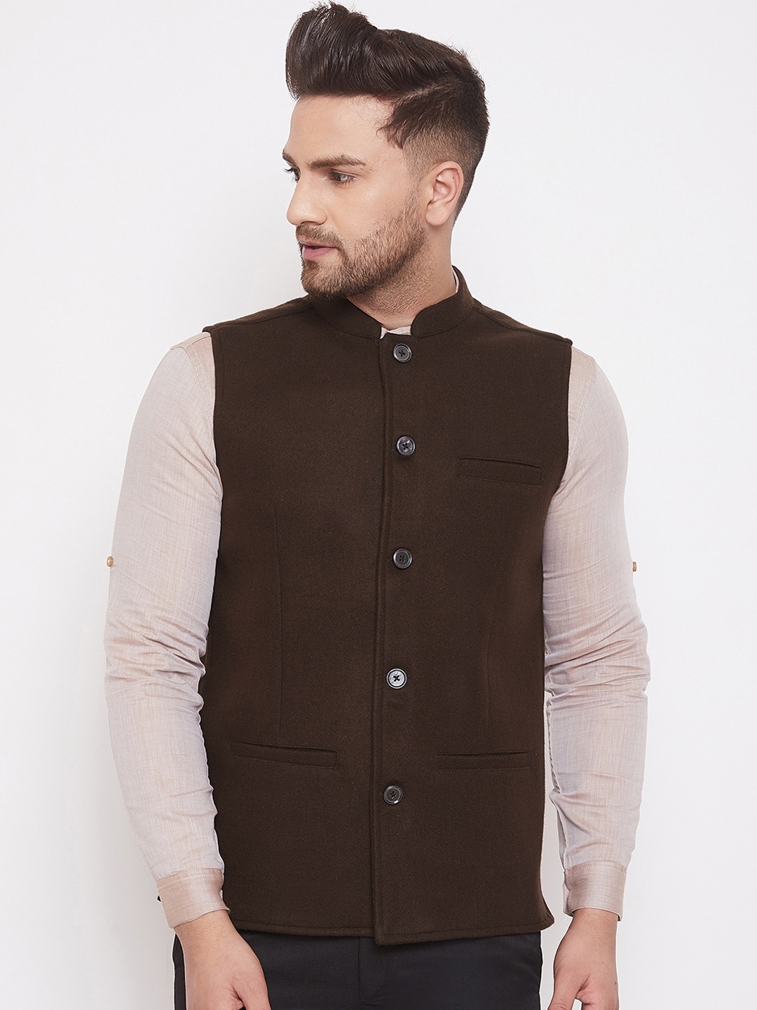 

even Men Brown Solid Woven Nehru Jacket