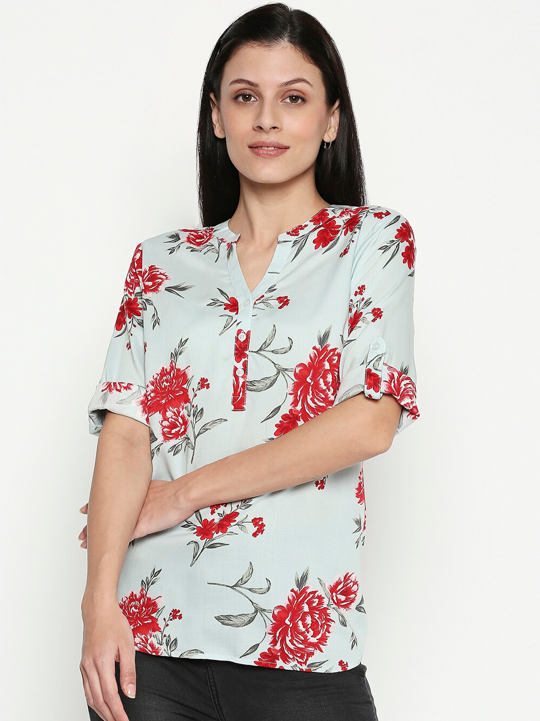 

Honey by Pantaloons Women Blue & Red Floral Printed Tunic