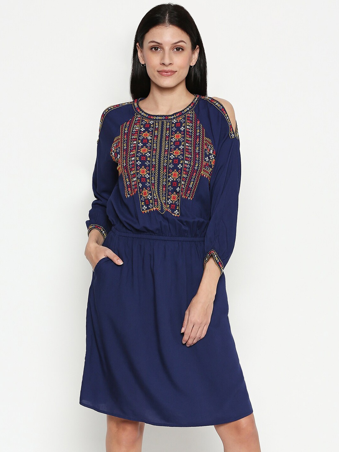 

People Women Navy Blue Self Design Fit & Flare Dress