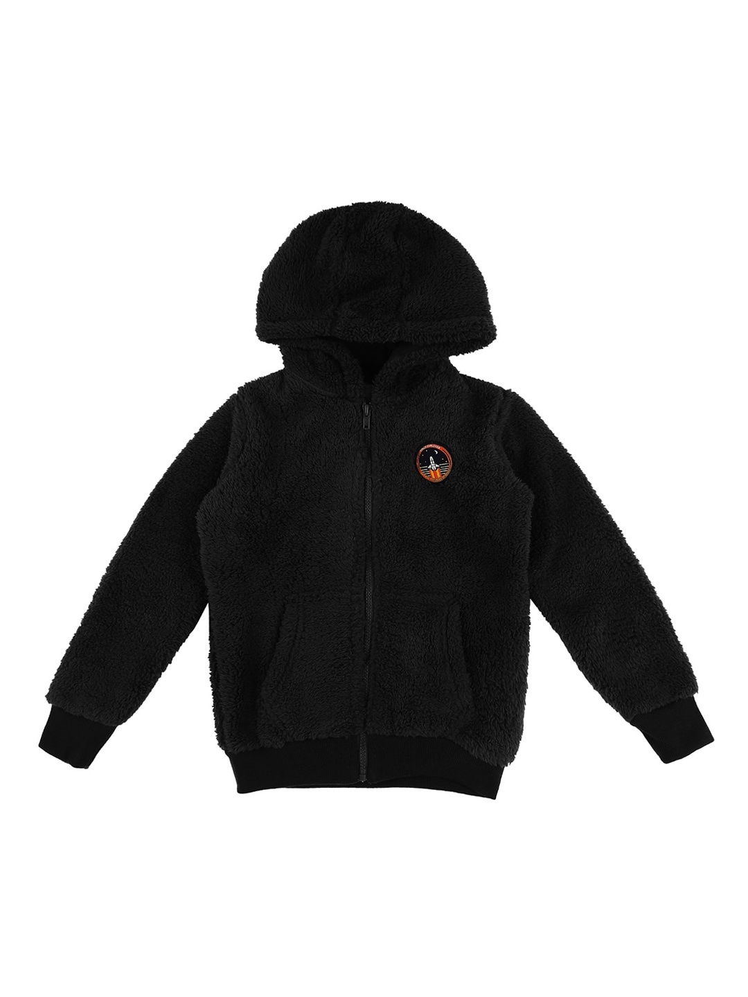 

Pantaloons Junior Boys Black Solid Hooded Fuzzy Hooded Sweater