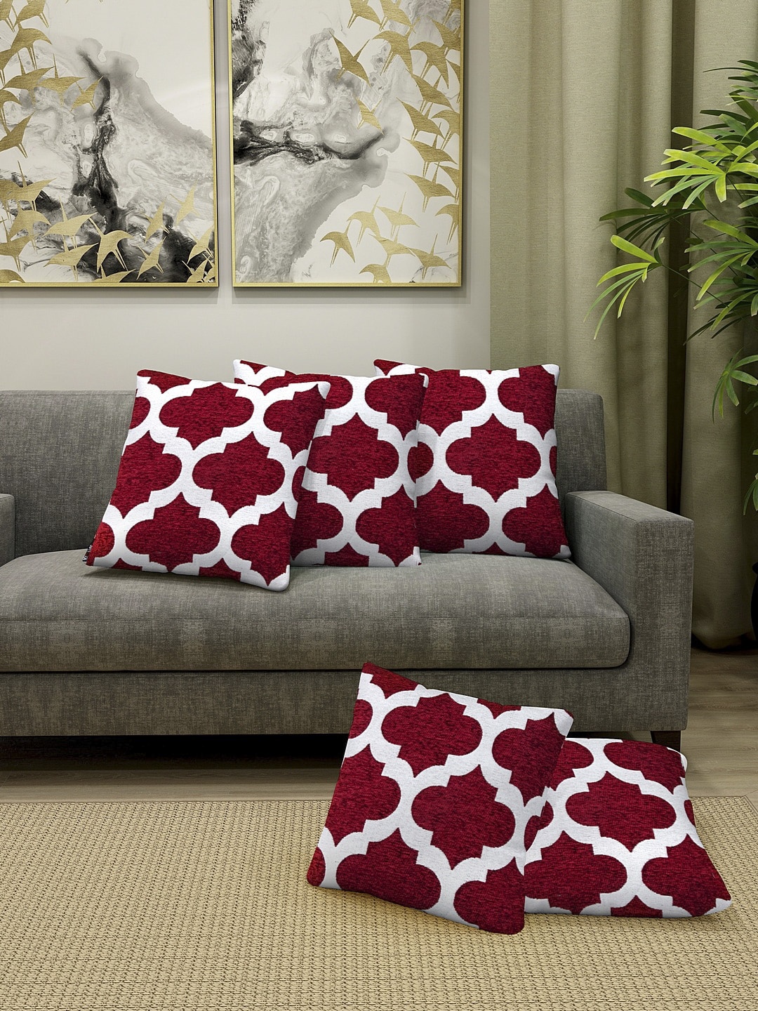 

KLOTTHE Set Of 5 Maroon & White Self-Design Square Cushion Covers