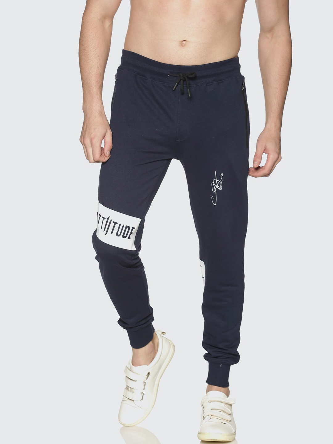 

ATTIITUDE Men Navy Blue & White Brand Logo Slim-Fit Joggers