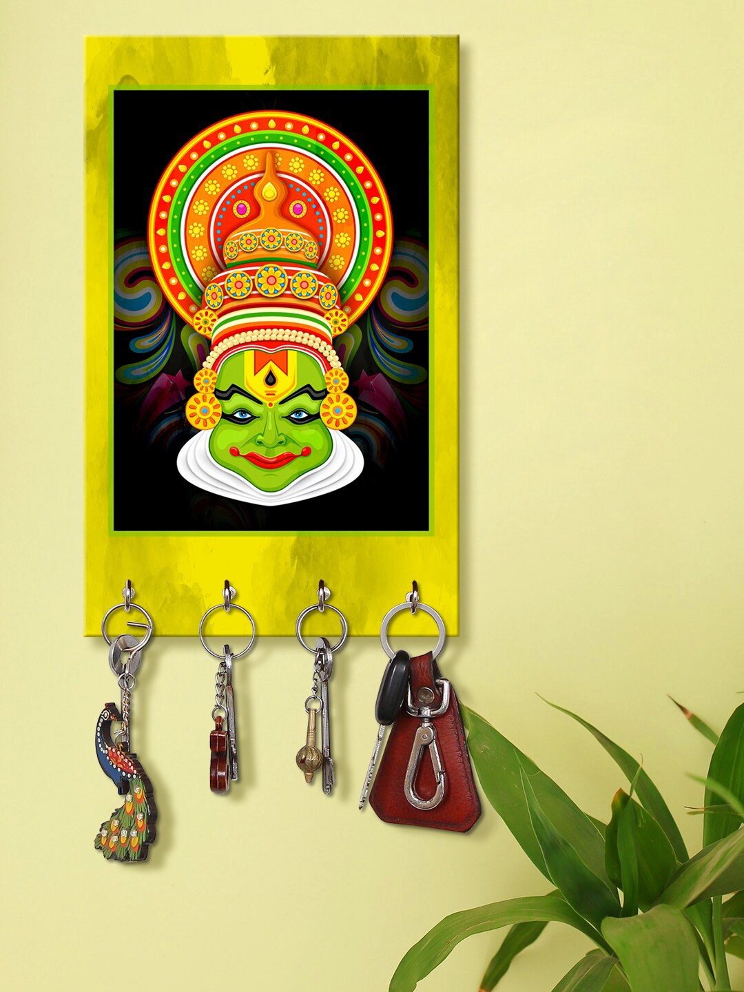 

999Store Yellow & Green Kathakali Face Printed Key Holder With 4 Hooks