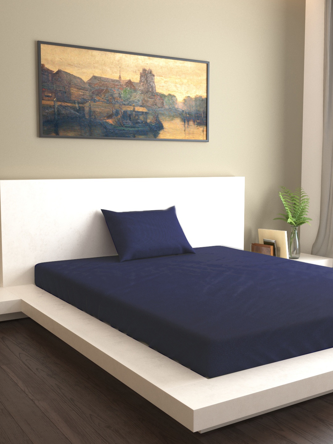 

MARK HOME Navy Blue Solid 200 TC Cotton 1 Single Bedsheet With 1 Pillow Cover