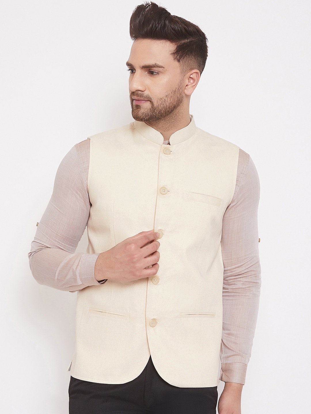 

even Men Off White Solid Woven Nehru Jacket